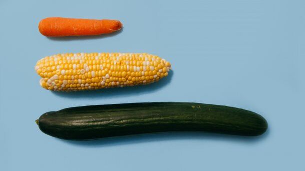 Différentes tailles d'un membre masculin en utilisant l'exemple des légumes